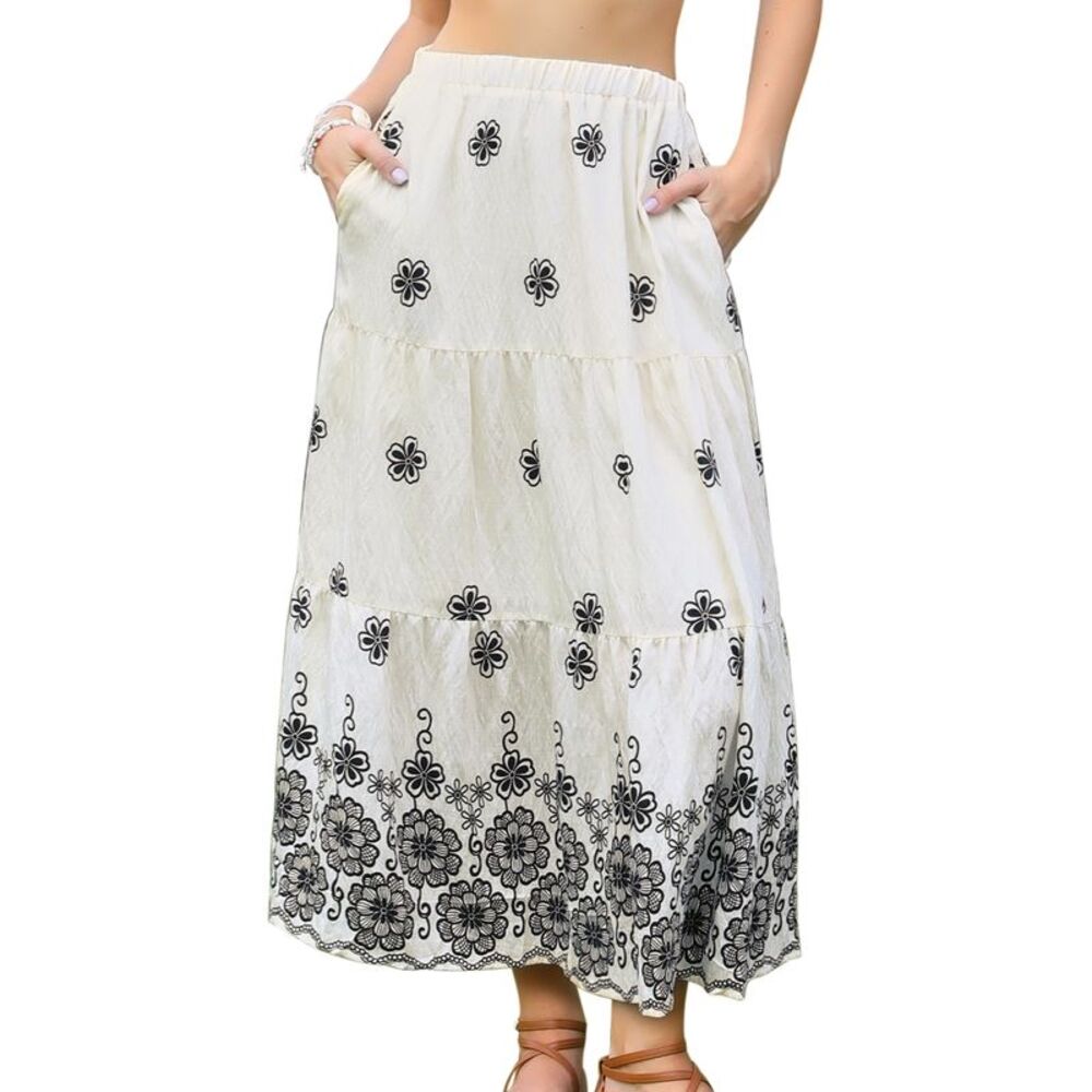 Women Ruffle A Line Elastic Waist Skirts Printed Maxi Skirt White